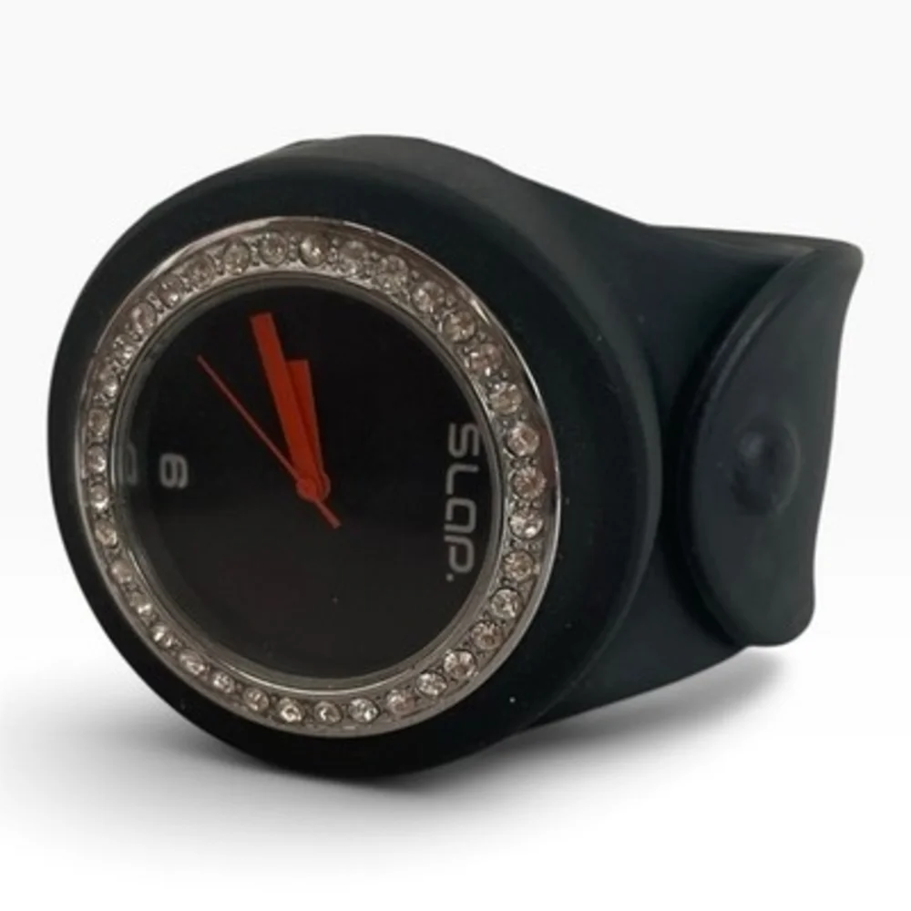 Slap Watch Black Rhinestone Bezel Silicone Slap Bracelet Watch EXC
